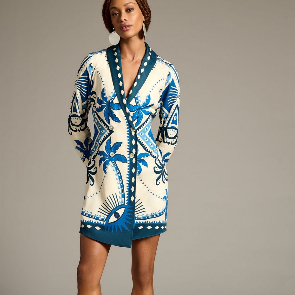 Farm Rio Long-Sleeve Blazer Dress Bow Blue White | M